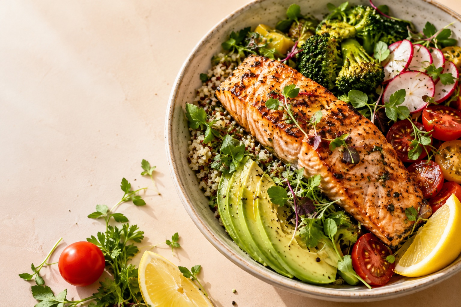 Salmon, grains, avocado, broccoli and tomatoes in a bowl